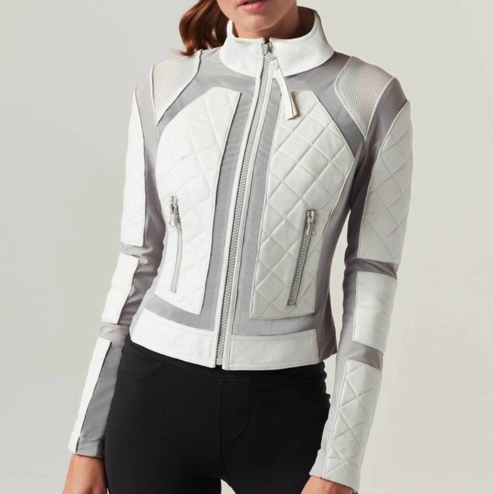 Women's White Leather Biker Quilted Jacket sz XS Blank Noir